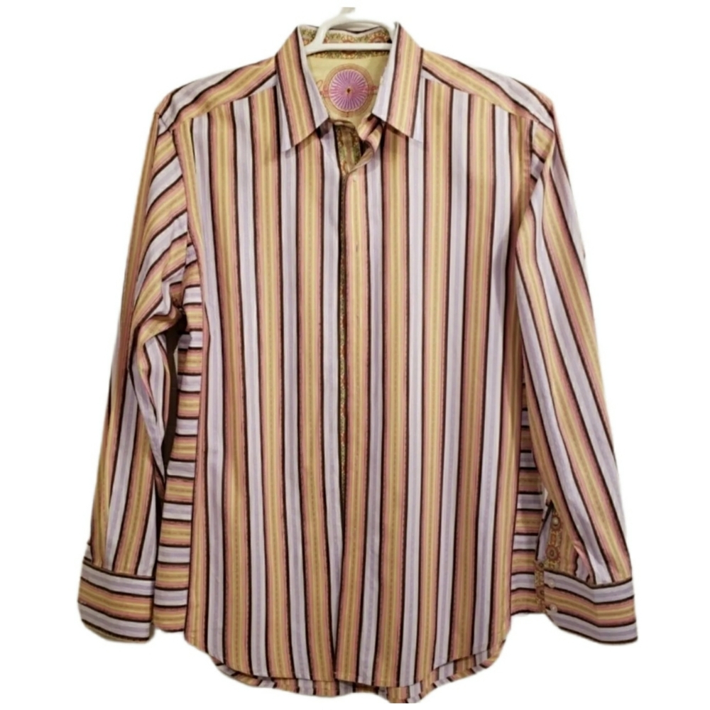Robert Graham Button Up Stripe Shirt Decorative Cuff Men's Size Large